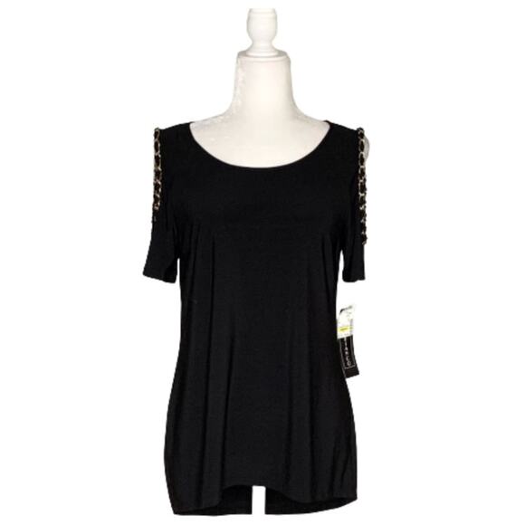 Coco Bianco Top Black Cold Shoulder Chain Strap Detail Top Size Medium NEW - Picture 12 of 13